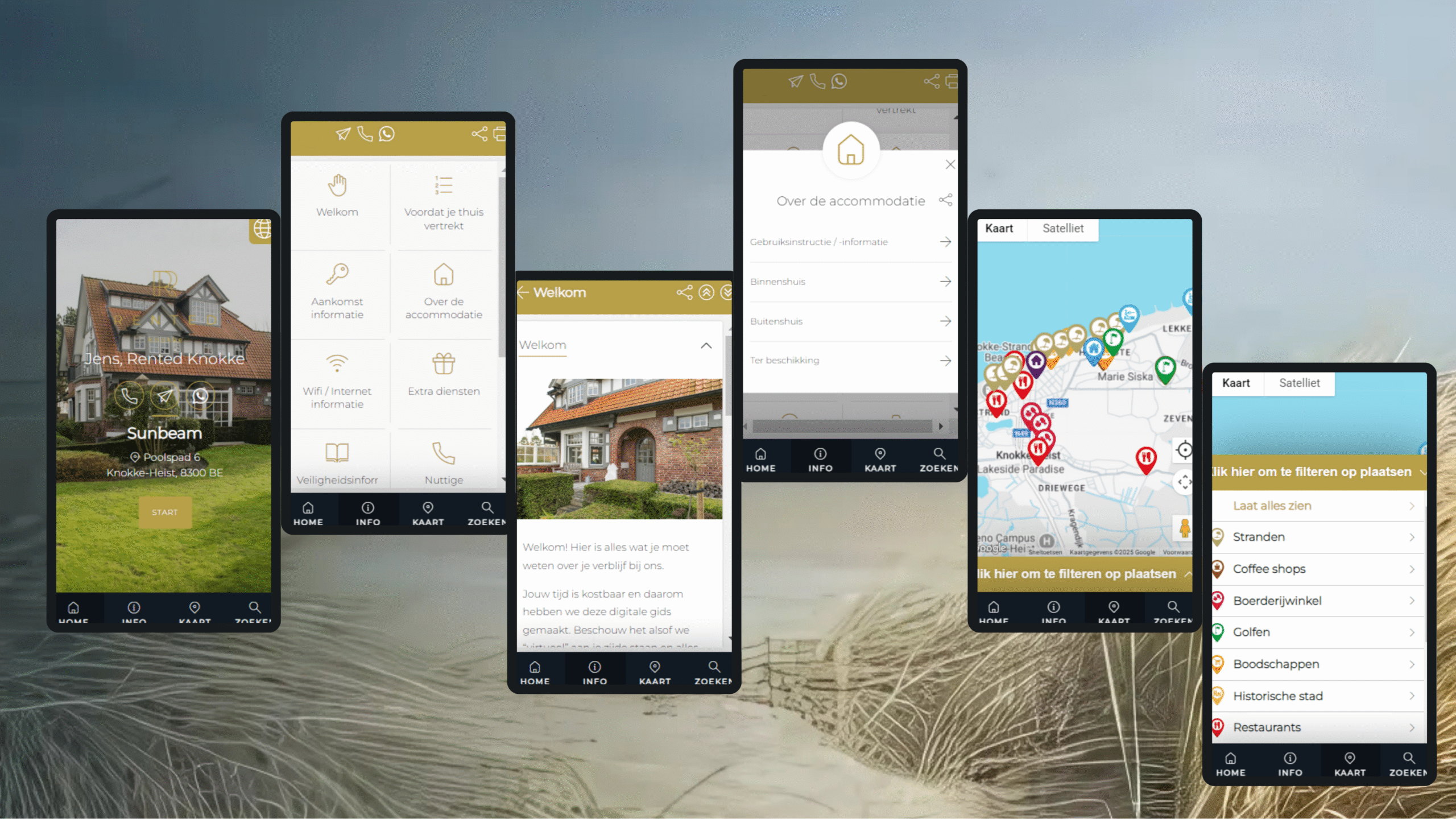 Digital guest guide interface shown on mobile phones for accommodation guests